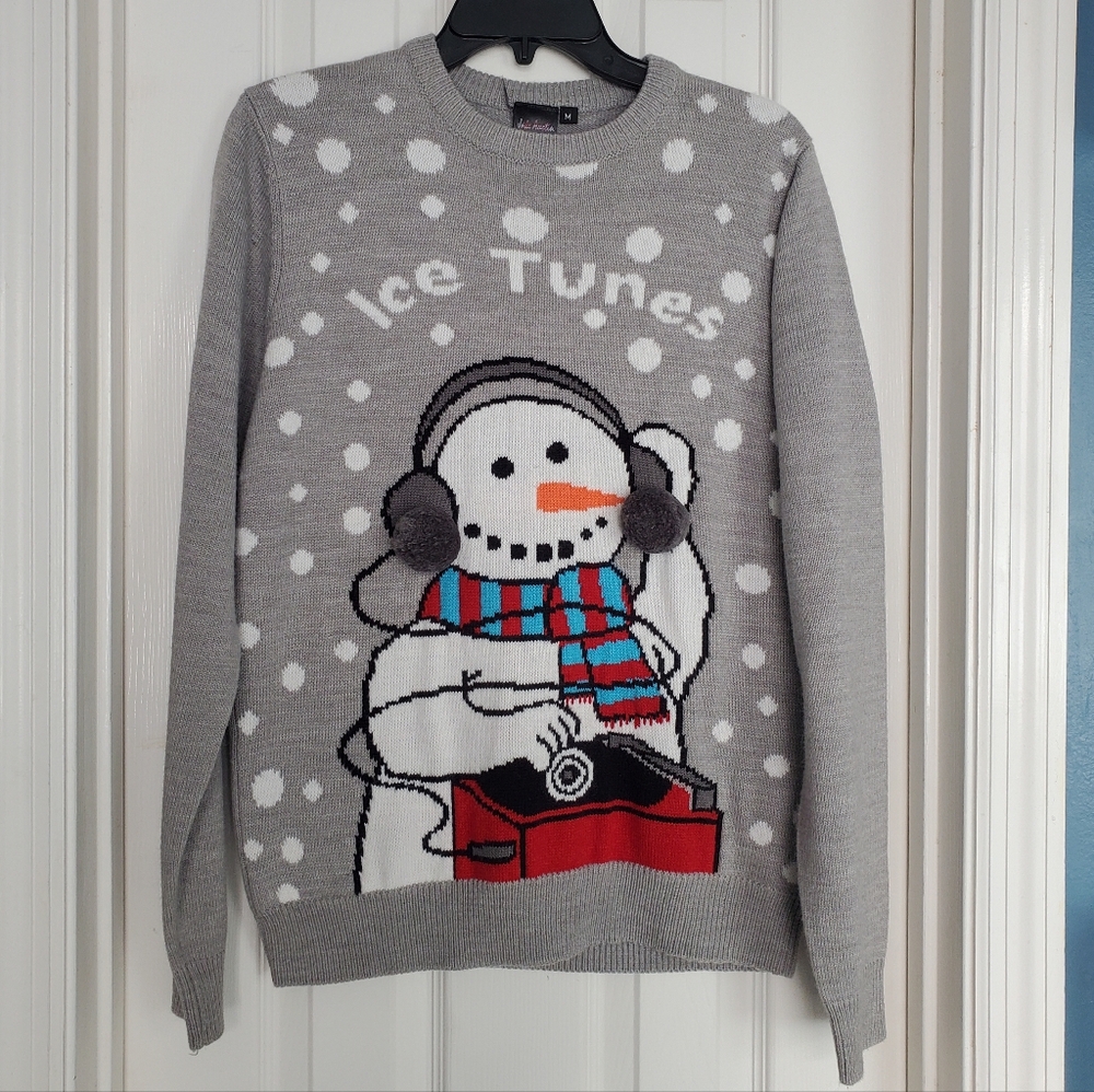 Gray Knit Tacky Christmas‎ Sweater Crew Neck Snowman Knit Long Sleeve Men's Med